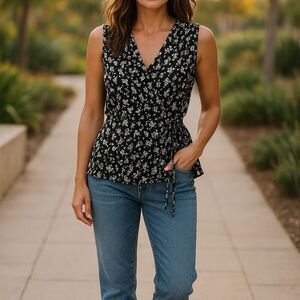 Beacon Apparel Women's M Black Floral V-Neck Sleeveless Wrap Blouse